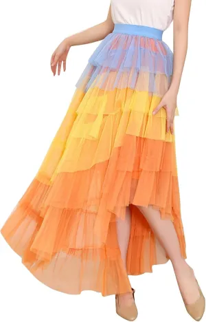 Tiered Maxi Skirts for Women 2025 Summer High Waisted Flowy Swing A-Line Ruffle Colorful Asymmetrical Skirt