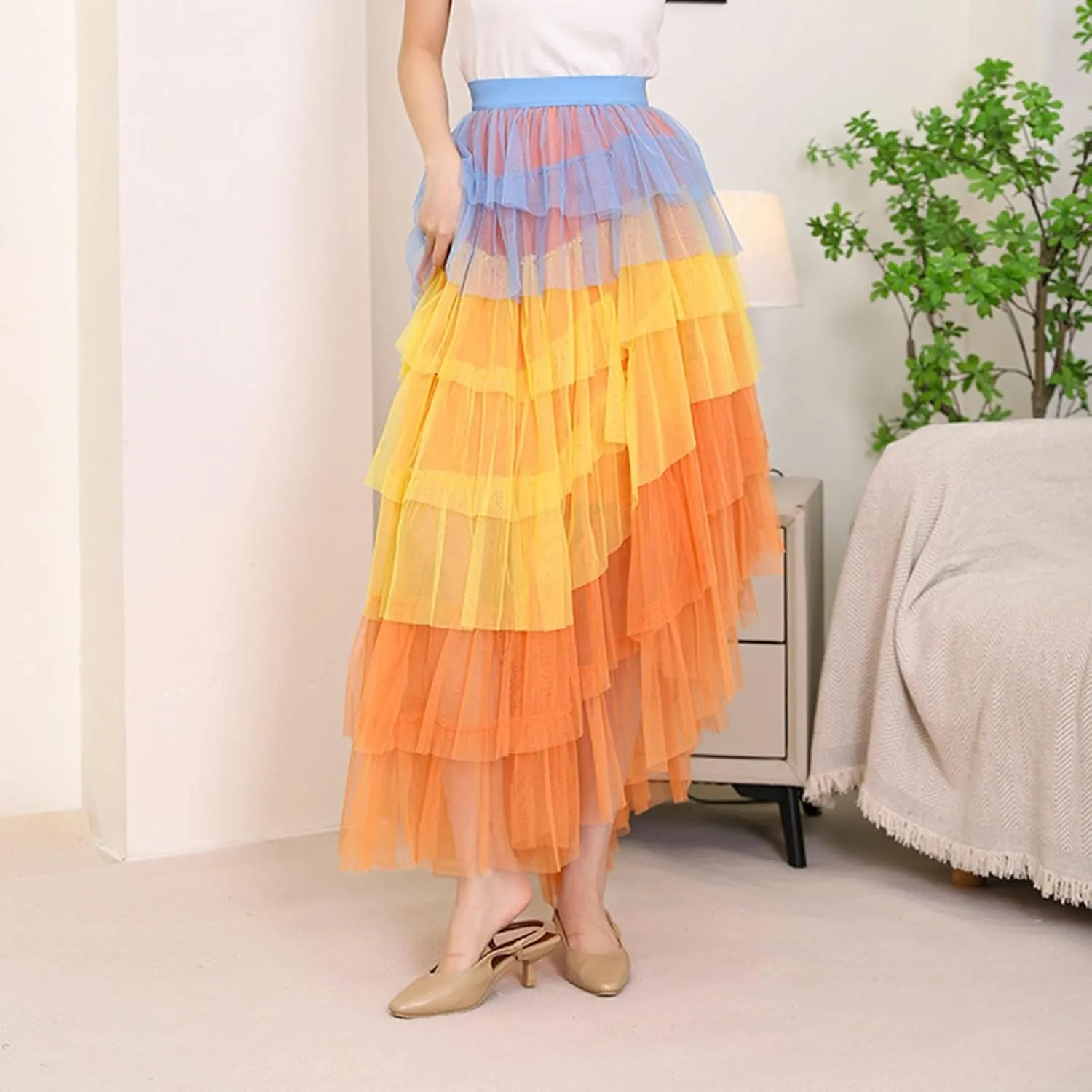 Tiered Maxi Skirts for Women 2025 Summer High Waisted Flowy Swing A-Line Ruffle Colorful Asymmetrical Skirt