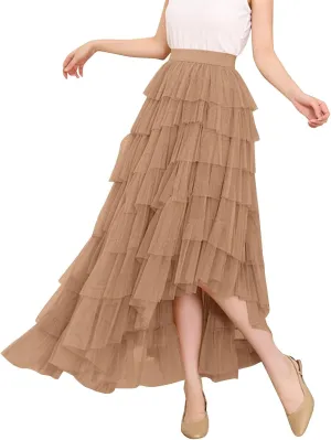 Tiered Maxi Skirts for Women 2025 Summer High Waisted Flowy Swing A-Line Ruffle Colorful Asymmetrical Skirt
