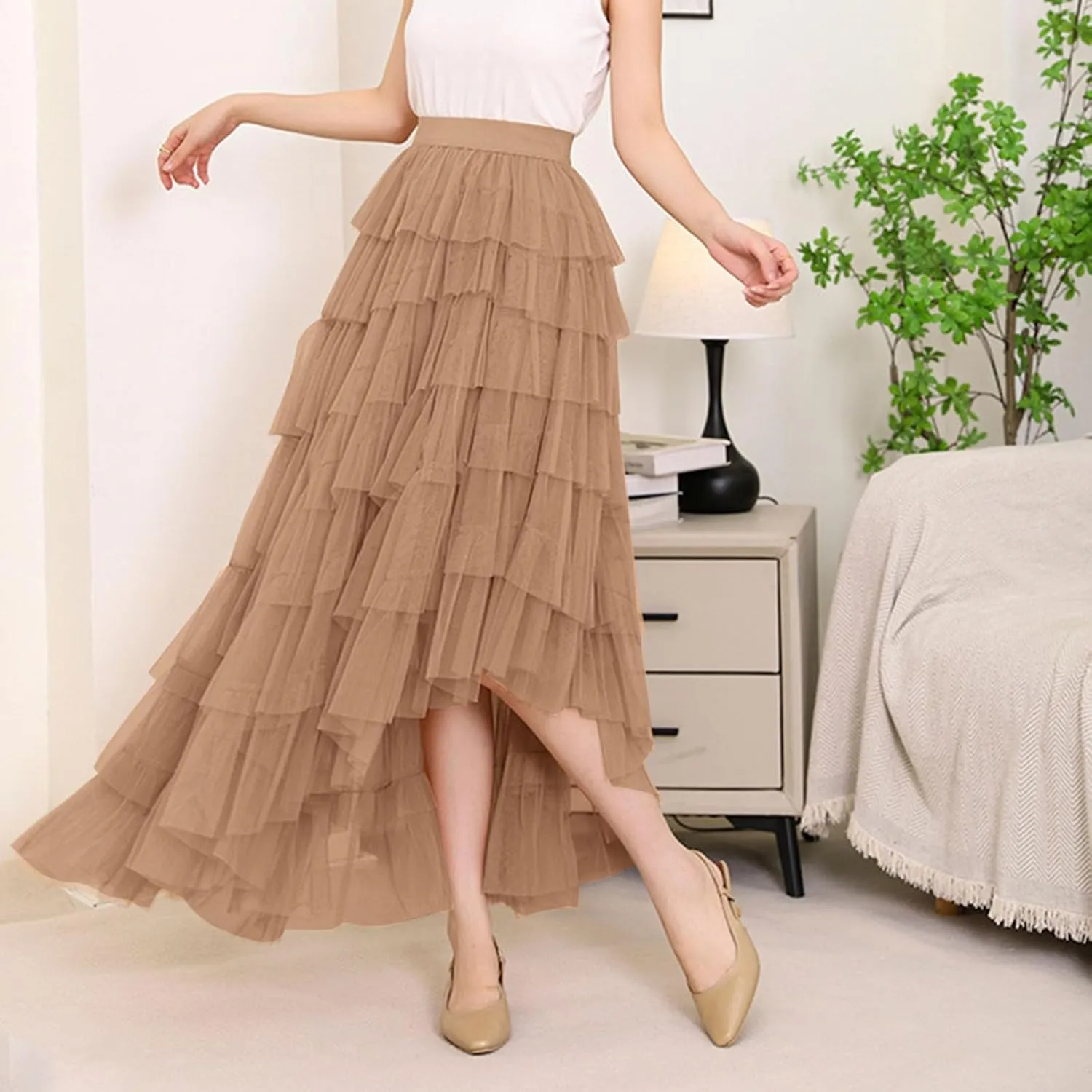 Tiered Maxi Skirts for Women 2025 Summer High Waisted Flowy Swing A-Line Ruffle Colorful Asymmetrical Skirt