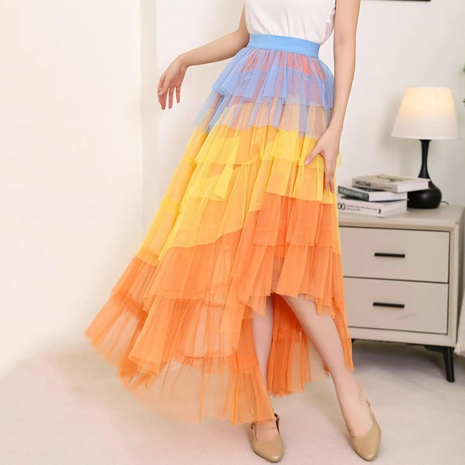 Tiered Maxi Skirts for Women 2025 Summer High Waisted Flowy Swing A-Line Ruffle Colorful Asymmetrical Skirt