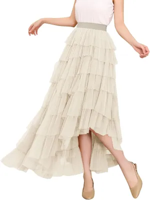 Tiered Maxi Skirts for Women 2025 Summer High Waisted Flowy Swing A-Line Ruffle Colorful Asymmetrical Skirt