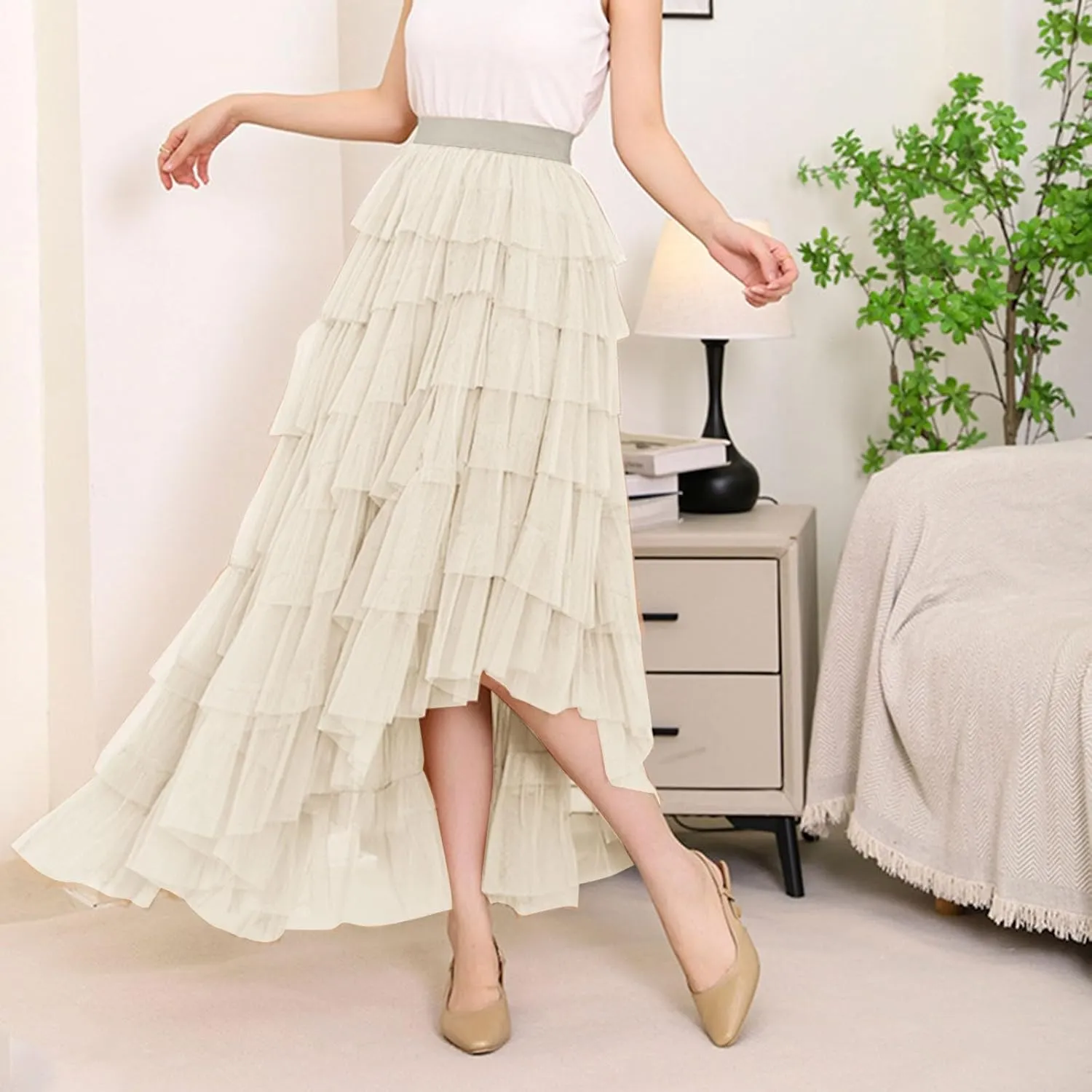Tiered Maxi Skirts for Women 2025 Summer High Waisted Flowy Swing A-Line Ruffle Colorful Asymmetrical Skirt