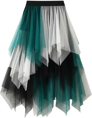 Tiered Midi Skirts for Women 2025 Summer Elastic High Waisted Flowy A-Line Patchwork Asymmetrical Tulle Skirt