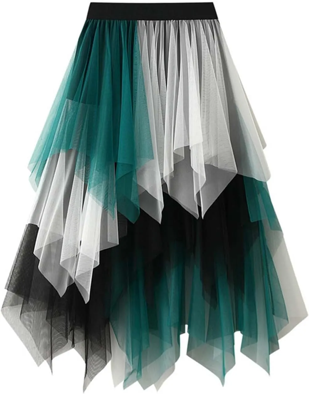 Tiered Midi Skirts for Women 2025 Summer Elastic High Waisted Flowy A-Line Patchwork Asymmetrical Tulle Skirt