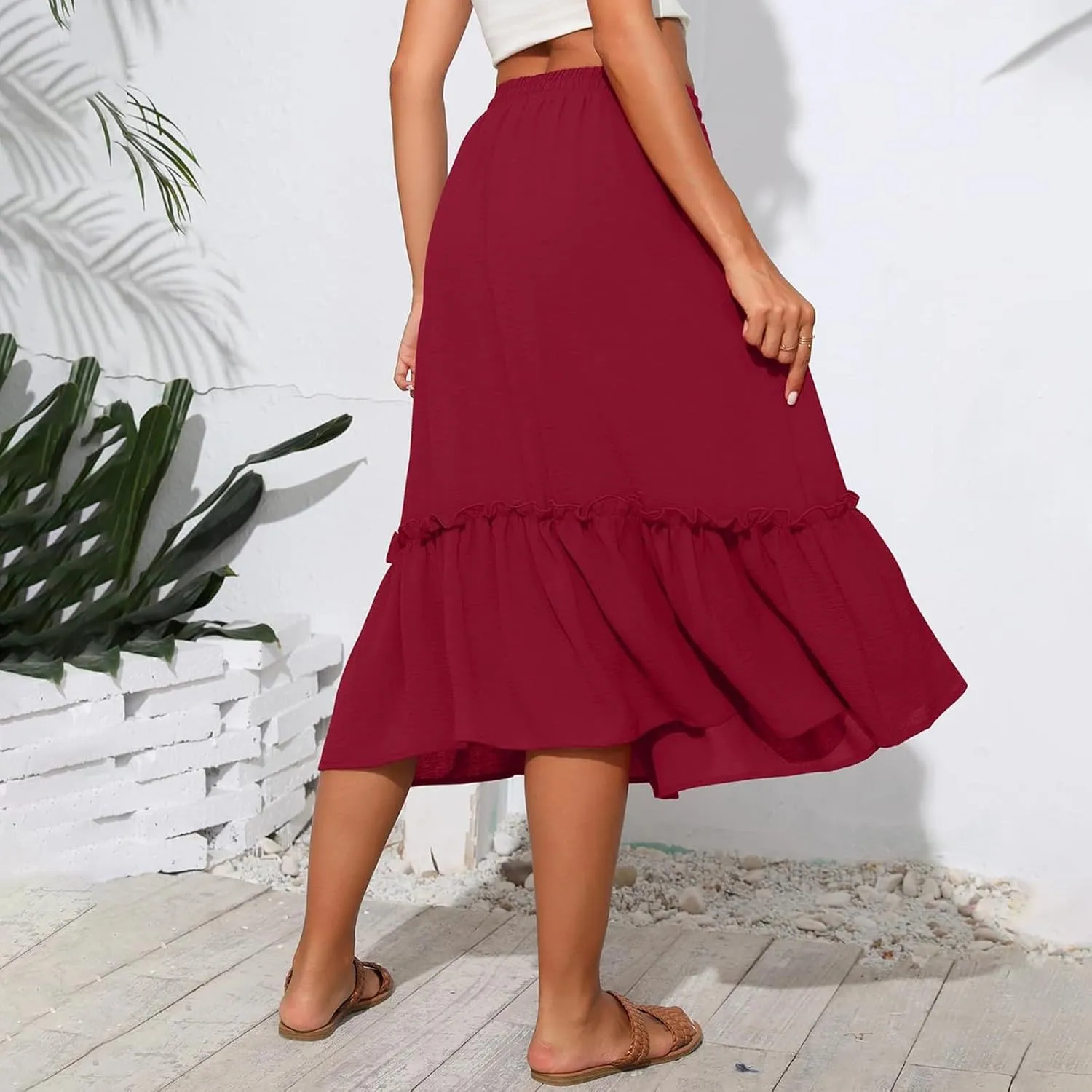 Tiered Midi Skirts for Women Flowy High Waisted Drawstring A Line Skirt with Pockets Summer Casual Cover Up Skirt