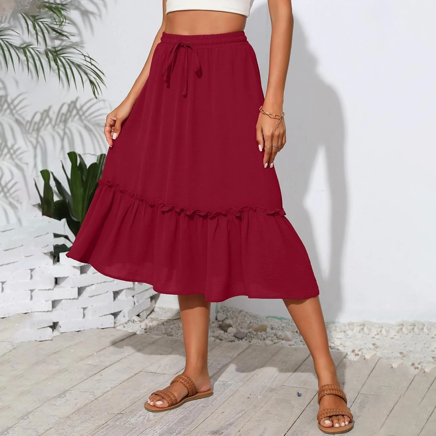 Tiered Midi Skirts for Women Flowy High Waisted Drawstring A Line Skirt with Pockets Summer Casual Cover Up Skirt