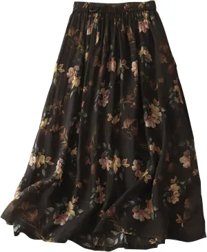 Trendy Women Skirts Elegant Vintage Boho Floral Maxi Long Skirt Retro Pleated Vacation Boho 2025 Outfits with Pockets