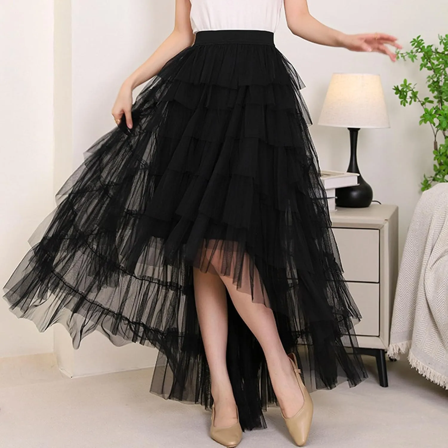 Tulle Maxi Skirts for Women Elastic High Waisted Flowy Swing A-Line Asymmetrical Tiered Pleated Long Skirt