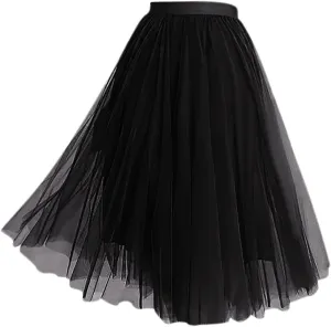 Tulle Midi Skirts for Women 2025 Summer Elastic High Waisted Swing A-Line Tiered Pleated Skirt