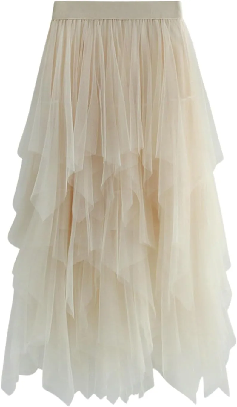 Tulle Skirts for Women Midi Length Summer Pleated Tiered Flowy Asymmetrical Skirt Elastic High Waisted Vacation Mesh Skirts
