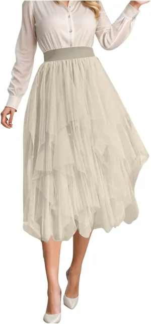 Tulle Skirts for Women Midi Length Summer Pleated Tiered Flowy Asymmetrical Skirt Elastic High Waisted Vacation Mesh Skirts