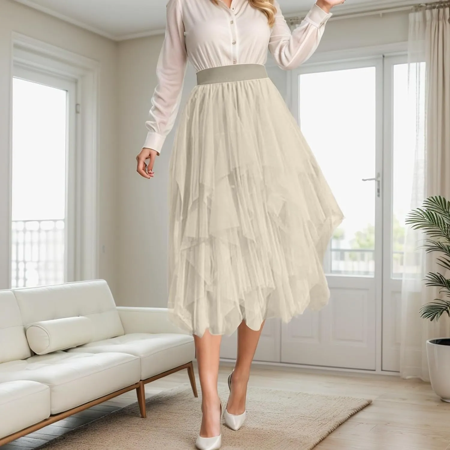 Tulle Skirts for Women Midi Length Summer Pleated Tiered Flowy Asymmetrical Skirt Elastic High Waisted Vacation Mesh Skirts