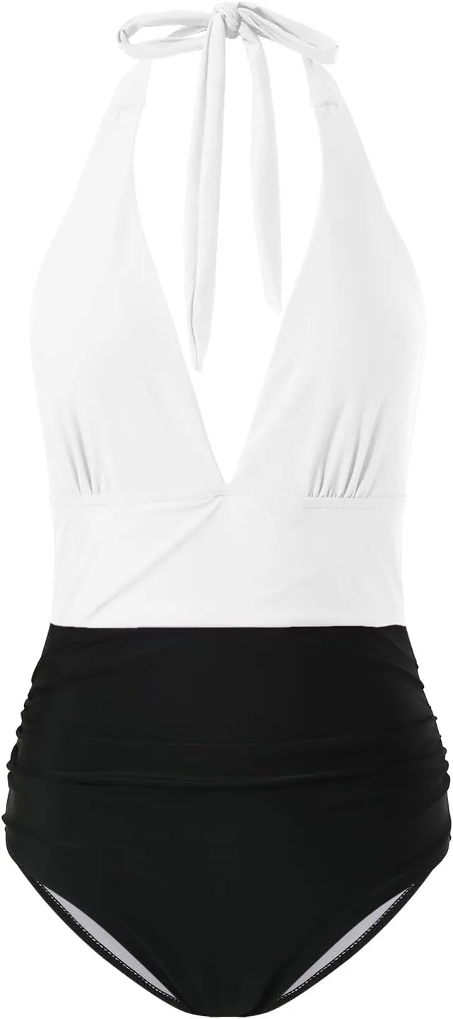 TUQIDEWU One Piece Swimsuit Women Tummy Control Bathing Suit for Women One Piece Sexy V Neck Backless High Waist Swimsuit