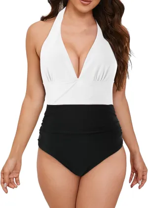 TUQIDEWU One Piece Swimsuit Women Tummy Control Bathing Suit for Women One Piece Sexy V Neck Backless High Waist Swimsuit