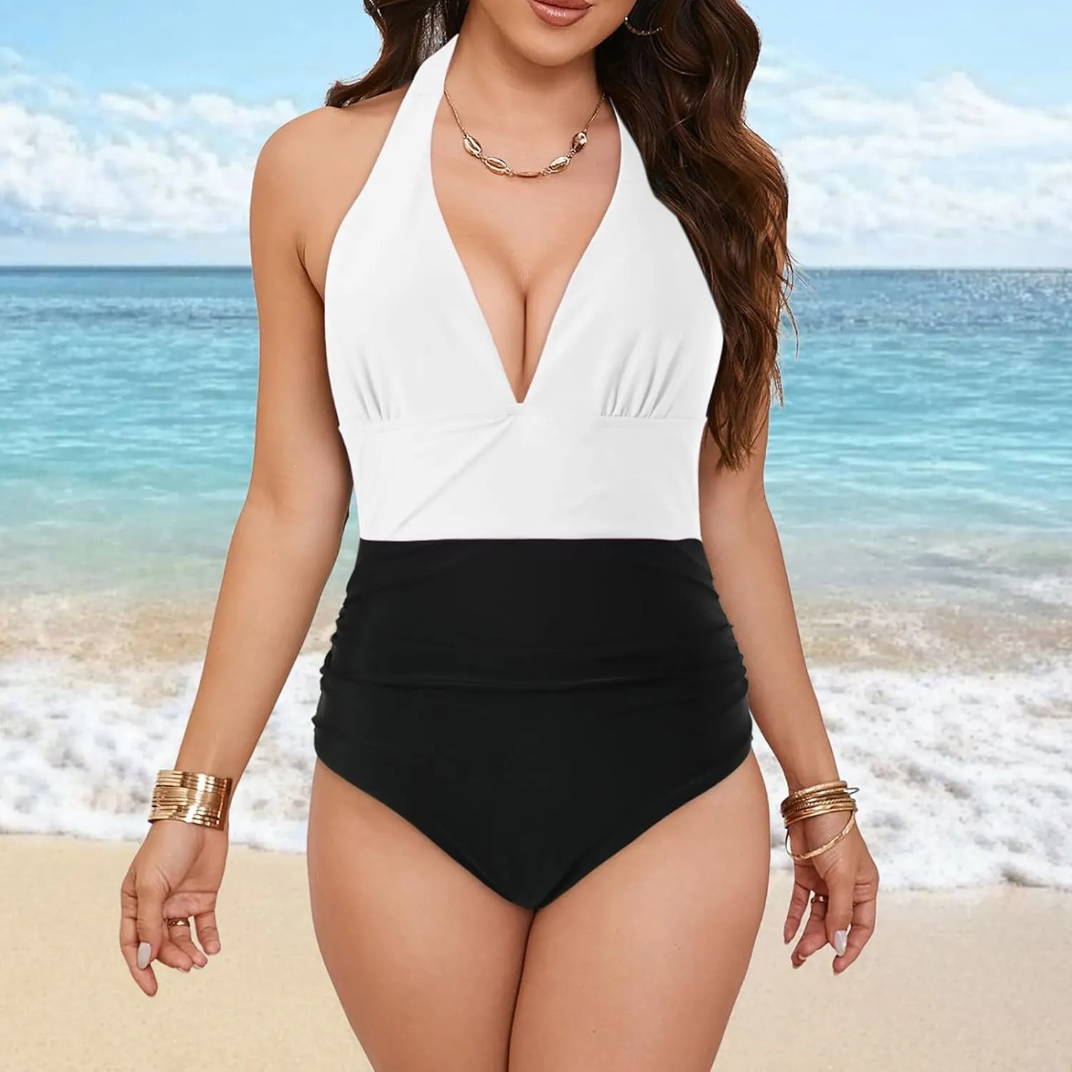 TUQIDEWU One Piece Swimsuit Women Tummy Control Bathing Suit for Women One Piece Sexy V Neck Backless High Waist Swimsuit