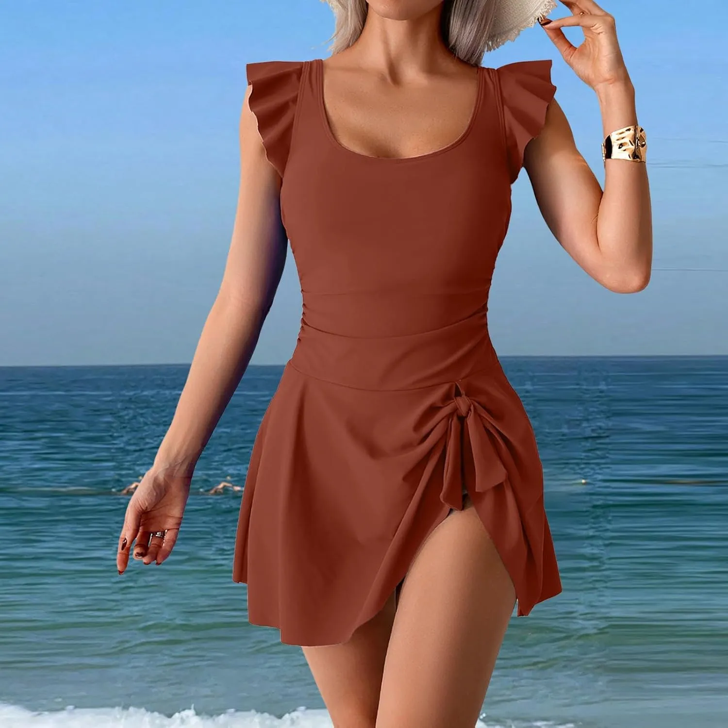 TUQIDEWU Tummy Control Swimsuits for Women One Piece Swimsuit Women Ruffled Sleeve Backless Tie Knot Slim Fit Swim Dresses