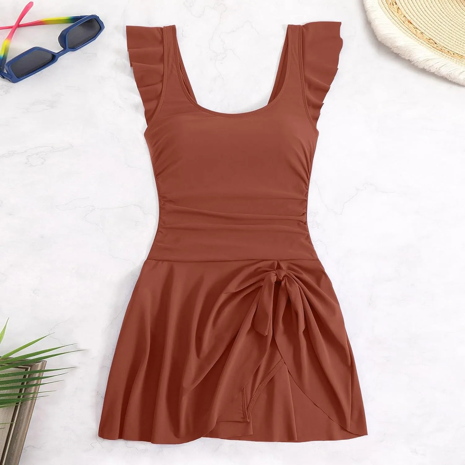 TUQIDEWU Tummy Control Swimsuits for Women One Piece Swimsuit Women Ruffled Sleeve Backless Tie Knot Slim Fit Swim Dresses