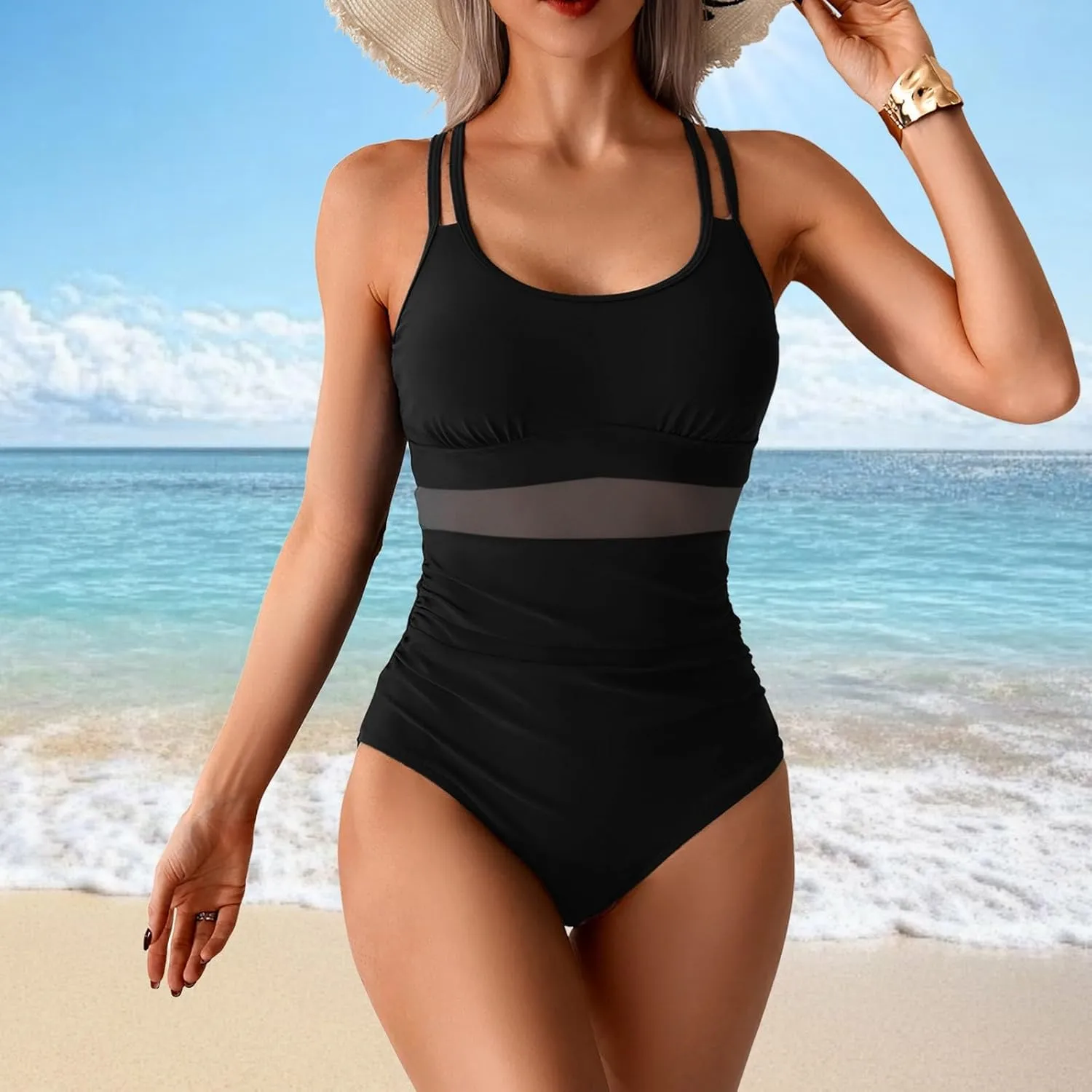 TUQIDEWU Womens Bathing Suits Tummy Control One Piece Swimsuit Women Sexy Square Neck Backless Slim Fit Mesh Swimsuit