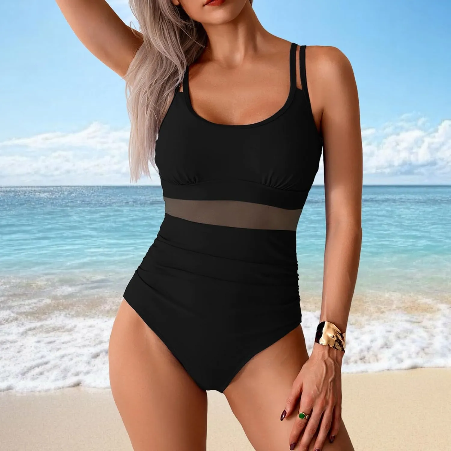 TUQIDEWU Womens Bathing Suits Tummy Control One Piece Swimsuit Women Sexy Square Neck Backless Slim Fit Mesh Swimsuit