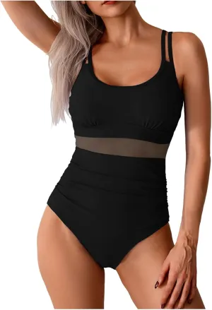 TUQIDEWU Womens Bathing Suits Tummy Control One Piece Swimsuit Women Sexy Square Neck Backless Slim Fit Mesh Swimsuit