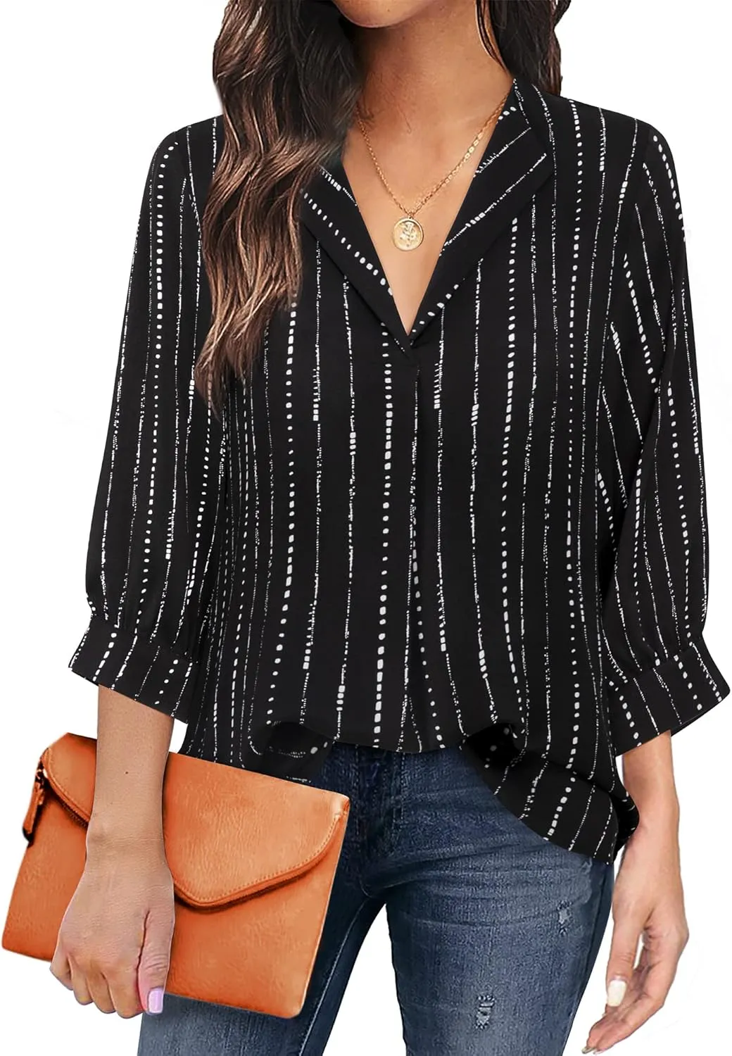 Unixseque Women's Casual Chiffon V Neck 3/4 Sleeve Business Tops Loose Work Blouses