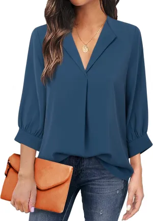 Unixseque Women's Casual Chiffon V Neck 3/4 Sleeve Business Tops Loose Work Blouses