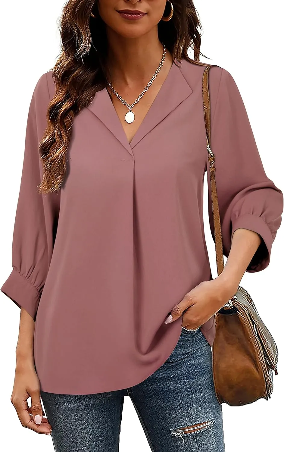 Unixseque Women's Casual Chiffon V Neck 3/4 Sleeve Business Tops Loose Work Blouses