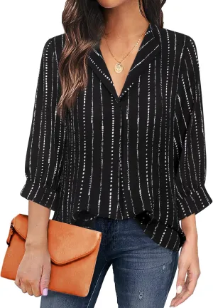 Unixseque Women's Casual Chiffon V Neck 3/4 Sleeve Business Tops Loose Work Blouses