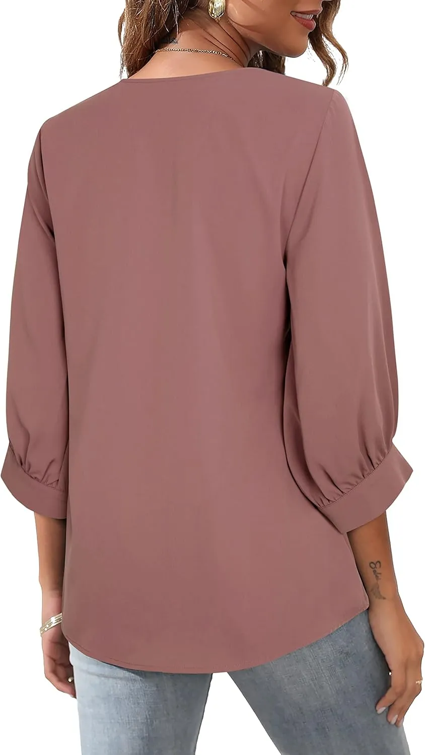 Unixseque Women's Casual Chiffon V Neck 3/4 Sleeve Business Tops Loose Work Blouses