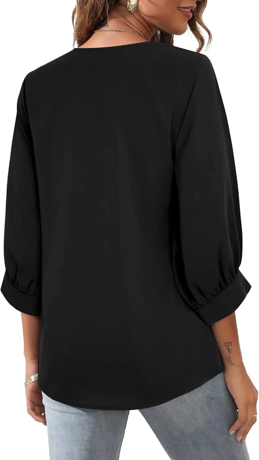 Unixseque Women's Casual Chiffon V Neck 3/4 Sleeve Business Tops Loose Work Blouses