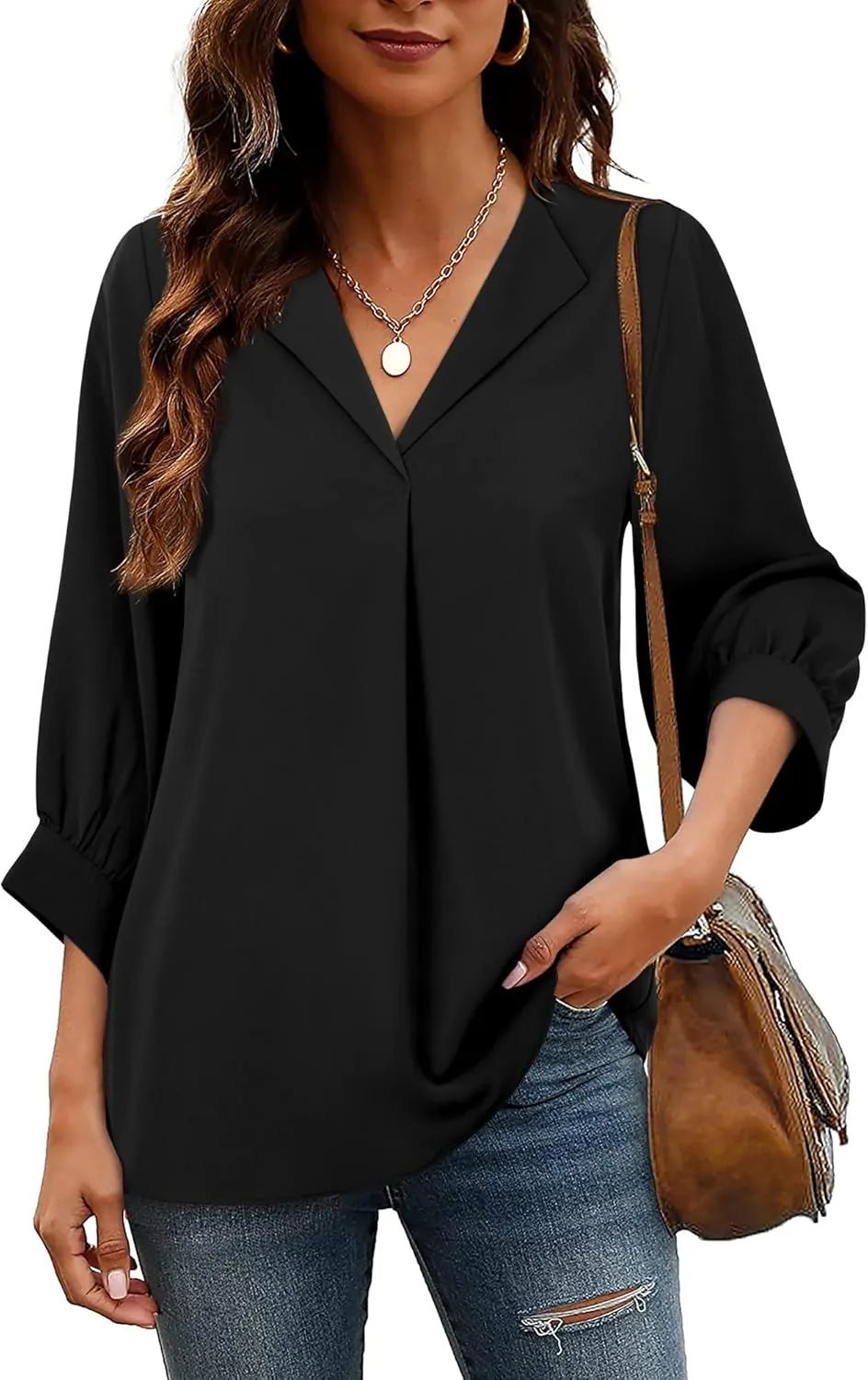 Unixseque Women's Casual Chiffon V Neck 3/4 Sleeve Business Tops Loose Work Blouses