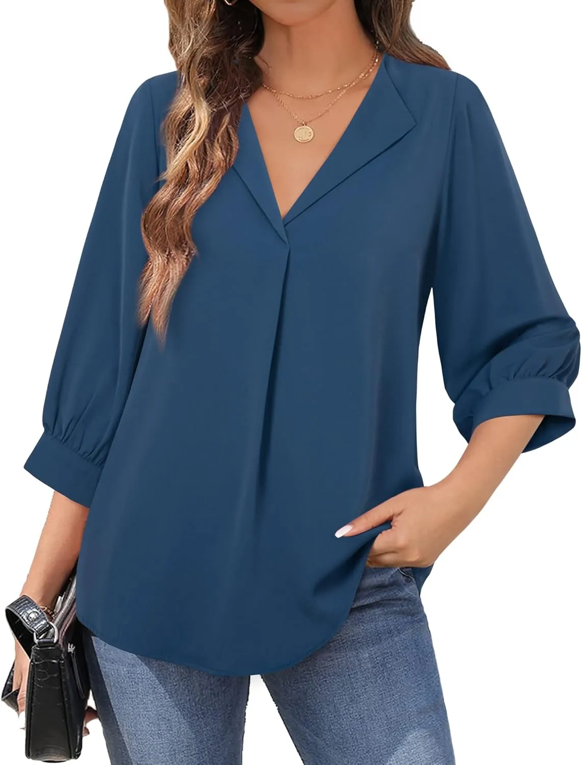 Unixseque Women's Casual Chiffon V Neck 3/4 Sleeve Business Tops Loose Work Blouses