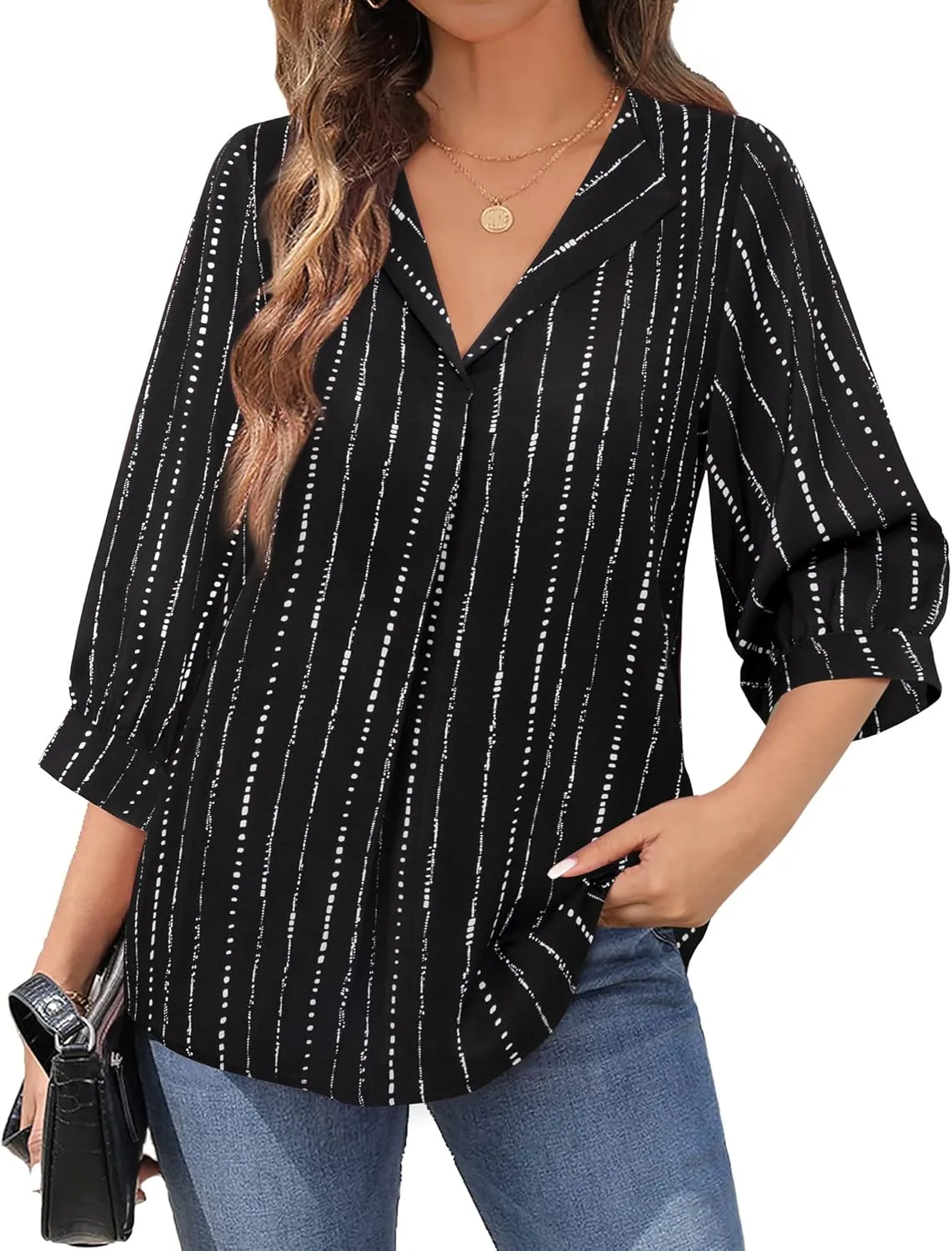 Unixseque Women's Casual Chiffon V Neck 3/4 Sleeve Business Tops Loose Work Blouses