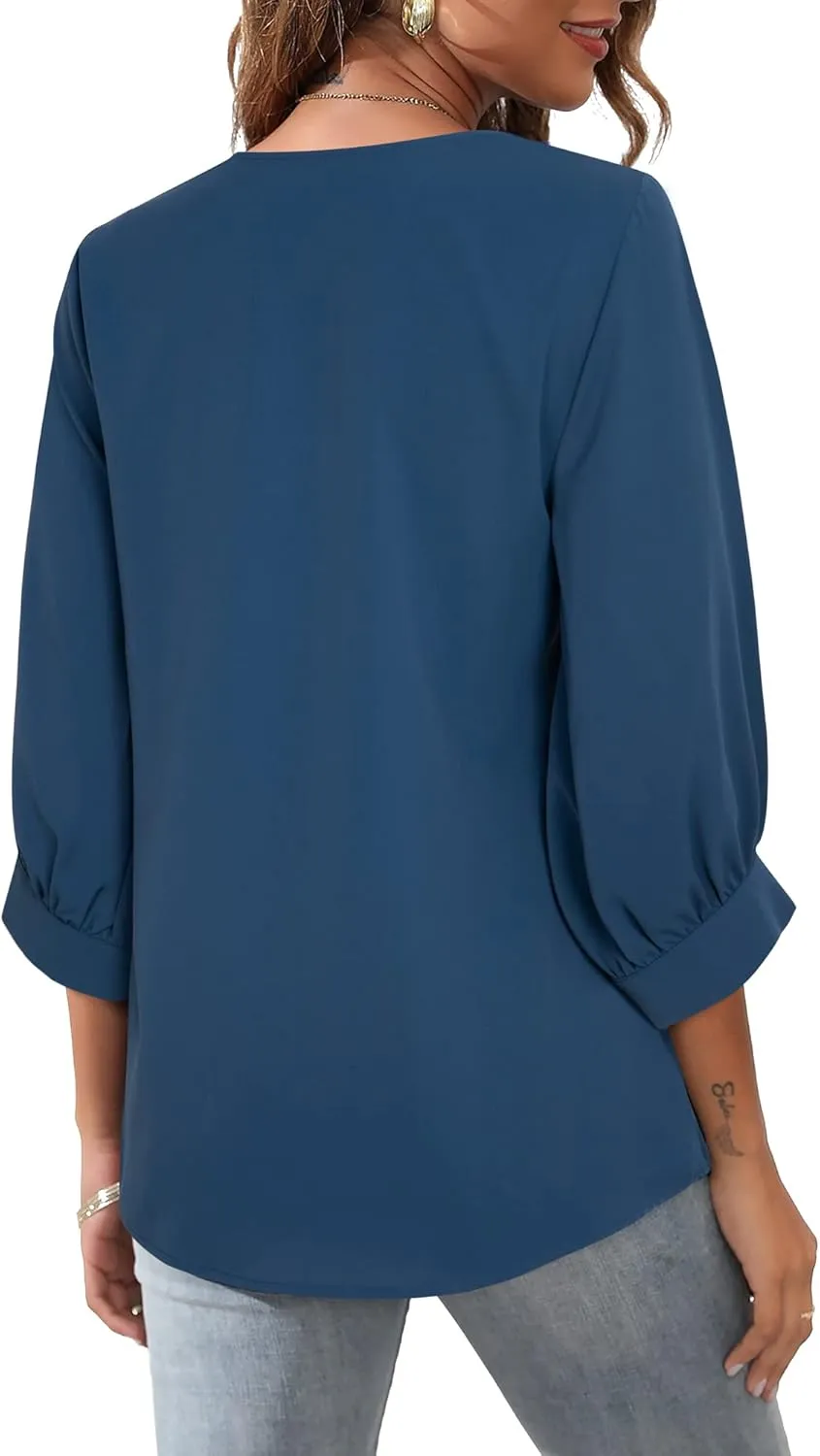 Unixseque Women's Casual Chiffon V Neck 3/4 Sleeve Business Tops Loose Work Blouses