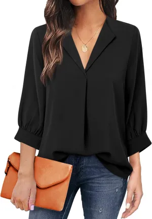 Unixseque Women's Casual Chiffon V Neck 3/4 Sleeve Business Tops Loose Work Blouses