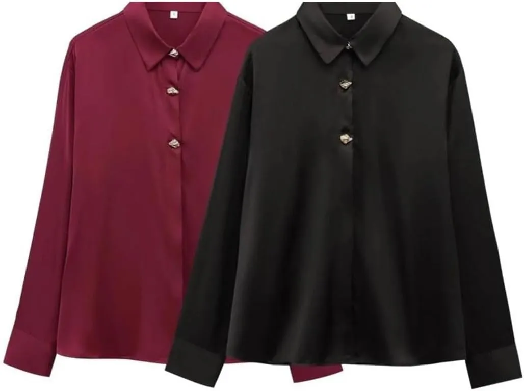 Woman Breasted Silk Textured Shirt Slim Long Sleeve Blouses
