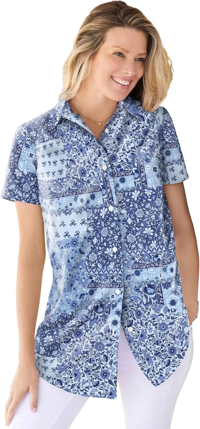 Woman Within Women's Plus Size Petite Perfect Short Sleeve Shirt