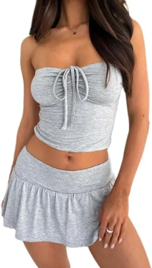 Women 2 Piece Mini Skirt Set Y2K Off Shoulder Tube Tops Ruffle Pleated Mini Skirts Night Party Outfit Set