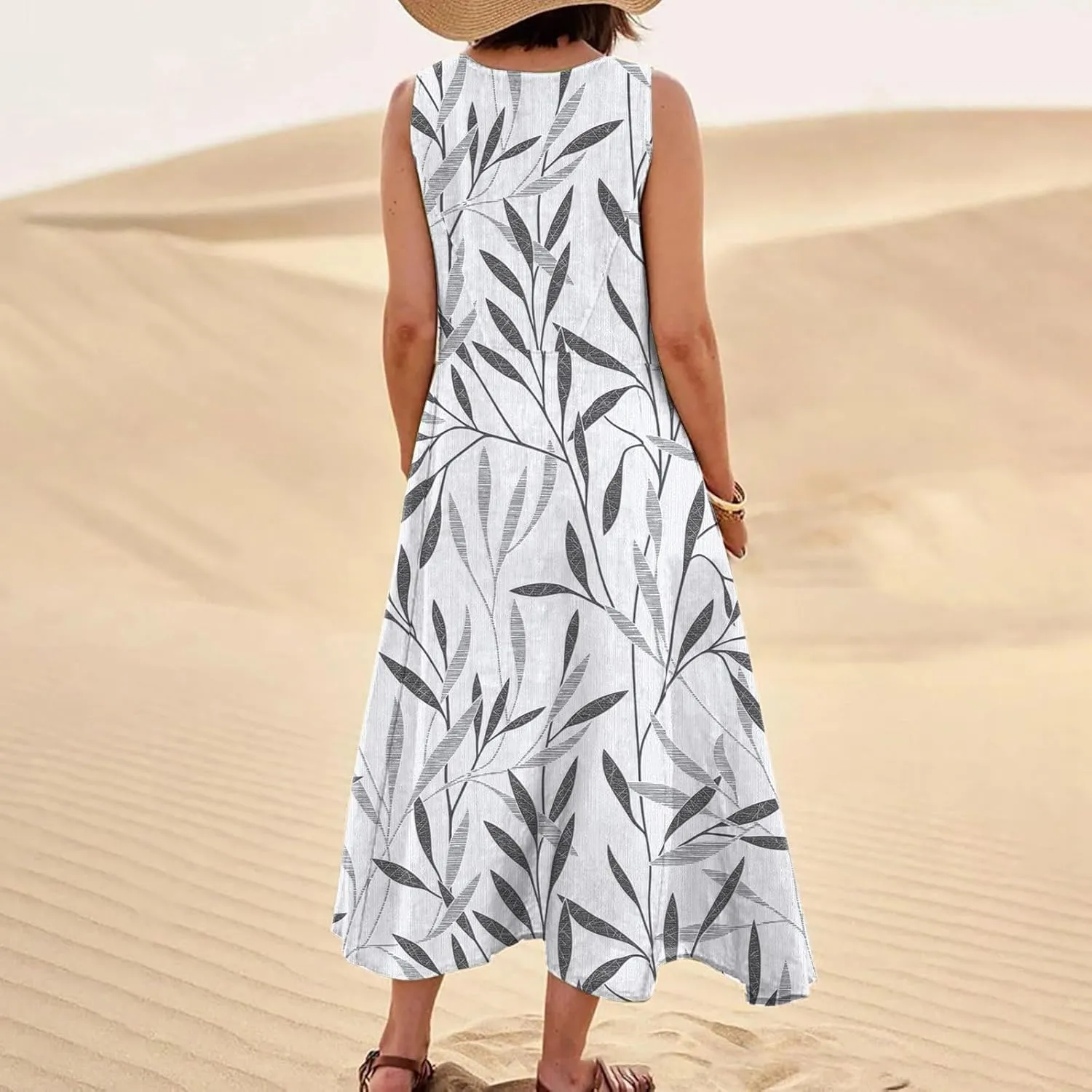 Women 2024 Summer Tank Dress Sleeveless U Neck Printed/Solid Boho Beach Shirt Maxi Flowy Linen Cotton Dresses with Pocket
