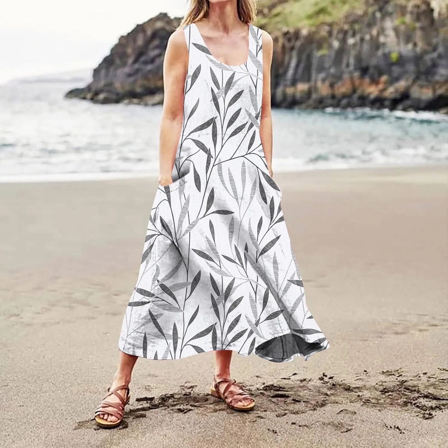 Women 2024 Summer Tank Dress Sleeveless U Neck Printed/Solid Boho Beach Shirt Maxi Flowy Linen Cotton Dresses with Pocket