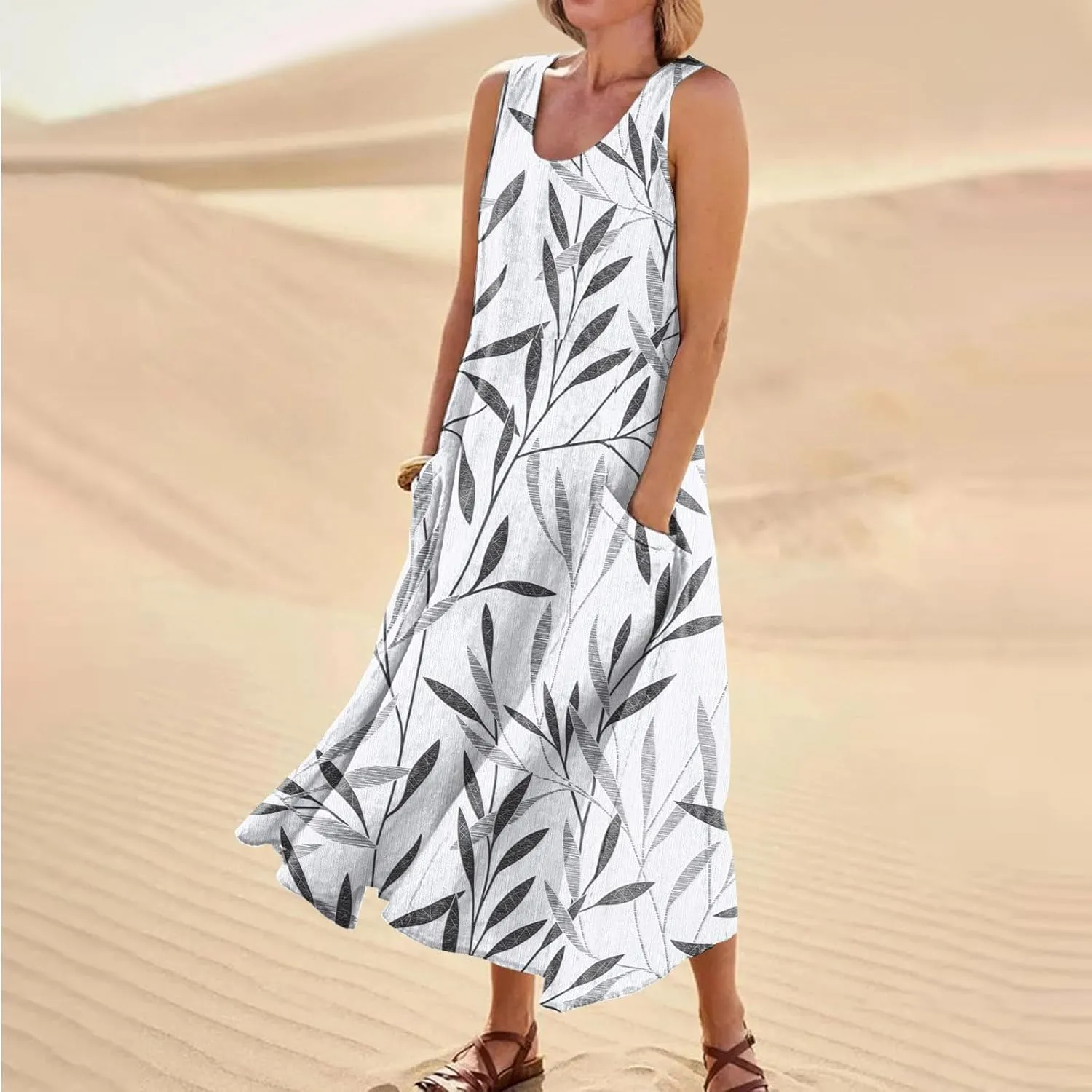 Women 2024 Summer Tank Dress Sleeveless U Neck Printed/Solid Boho Beach Shirt Maxi Flowy Linen Cotton Dresses with Pocket