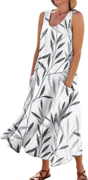 Women 2024 Summer Tank Dress Sleeveless U Neck Printed/Solid Boho Beach Shirt Maxi Flowy Linen Cotton Dresses with Pocket