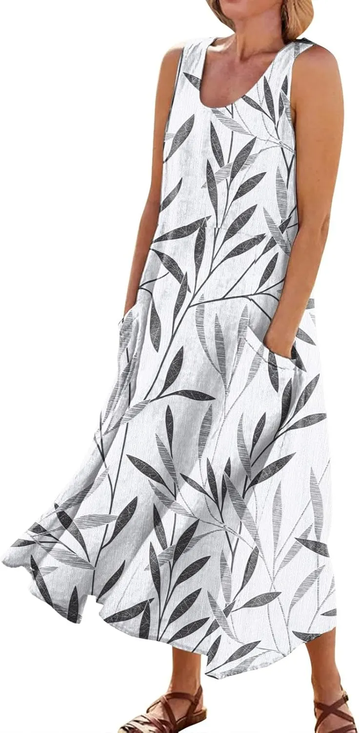 Women 2024 Summer Tank Dress Sleeveless U Neck Printed/Solid Boho Beach Shirt Maxi Flowy Linen Cotton Dresses with Pocket