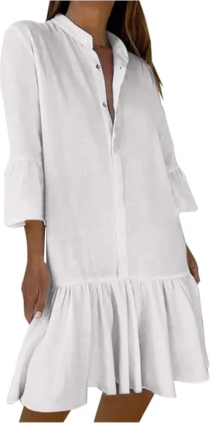 Women 3/4 Sleeve Cotton Linen Short Dress, Summer Half Button Casual Loose Daily Clothes Solid Comfy Ruffle Hem Dresses