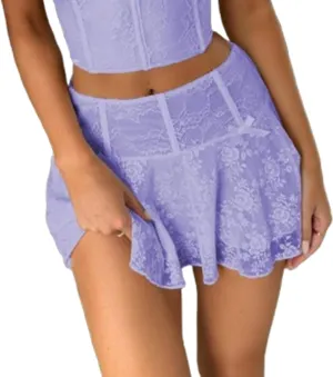 Women Aesthetic Lace Mini Skirt Low Rise Pleated Ruffle Layered Flowy Short Skirt Teen Girls Asymmetrical Half Slip Skirt