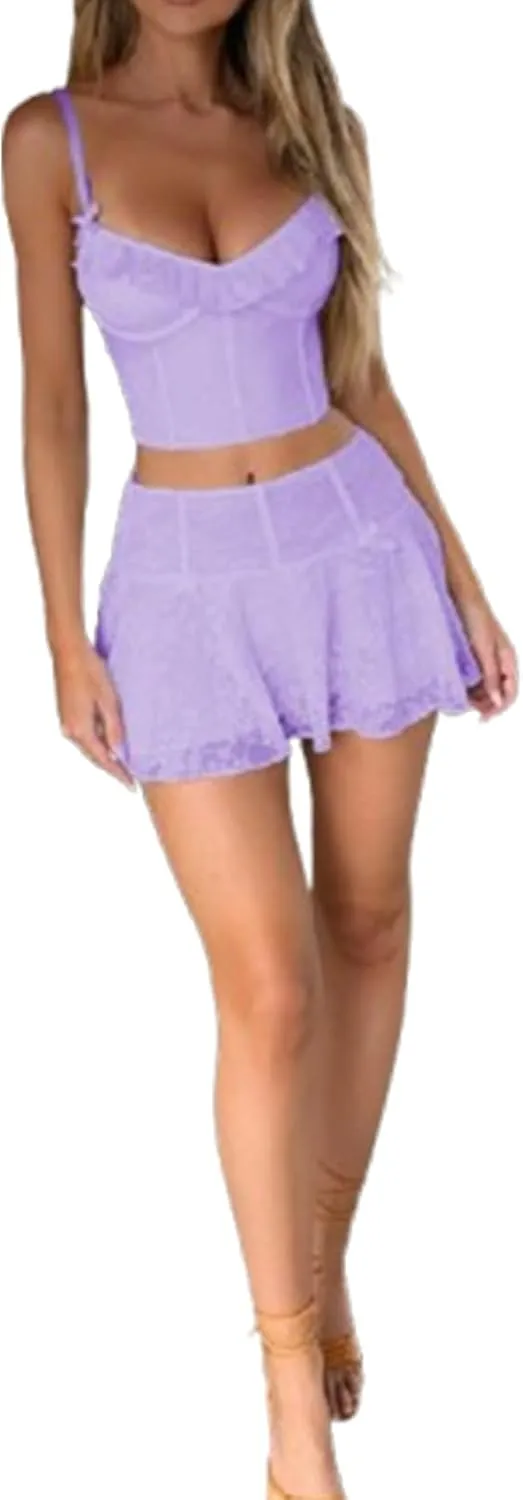 Women Aesthetic Lace Mini Skirt Low Rise Pleated Ruffle Layered Flowy Short Skirt Teen Girls Asymmetrical Half Slip Skirt