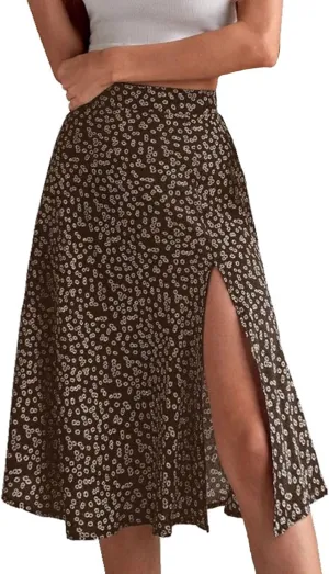 Women Boho Floral Skirts Slit Summer Flowy Split Maxi Skirt Lightweight High Waist A Line Skirts Beach Clothes