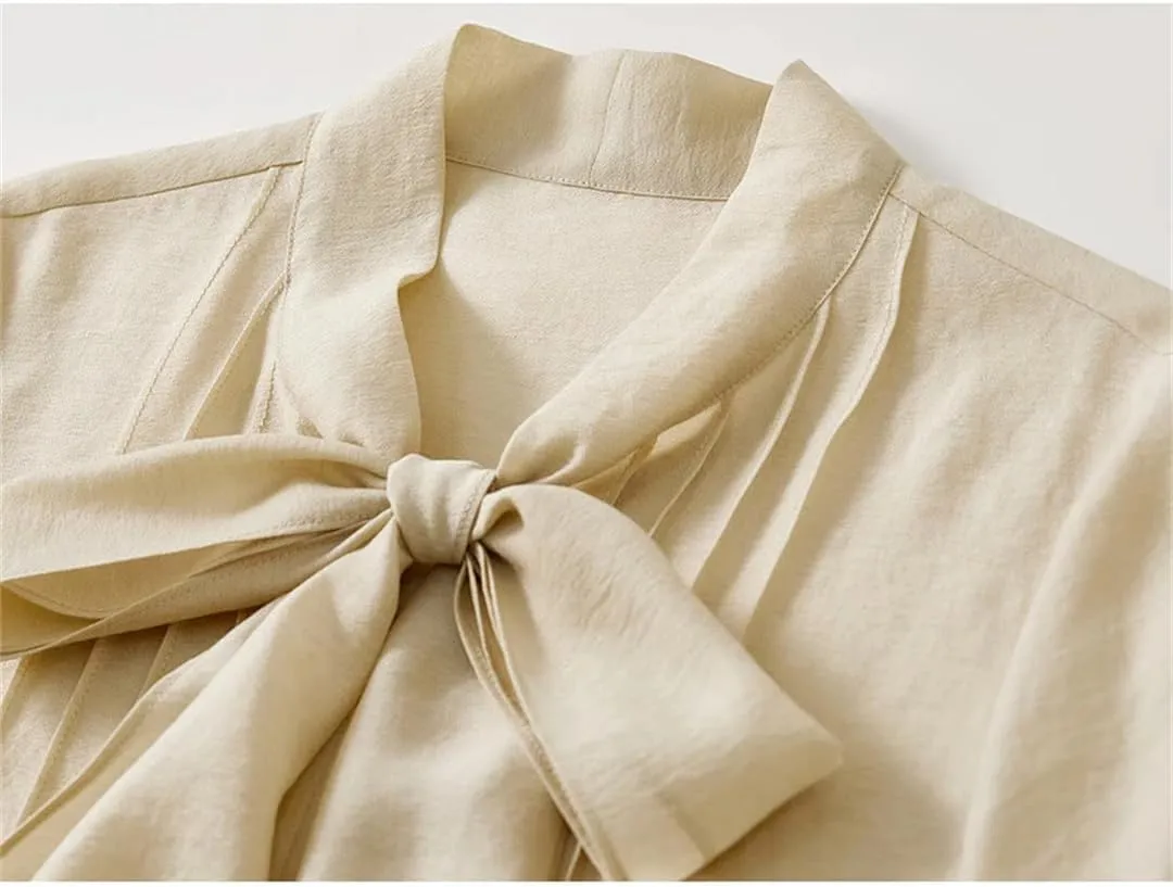 Women Bow Lace Up Collar Blouse Folds Loose Fit Work Business Shirt Office Lady Solid Top