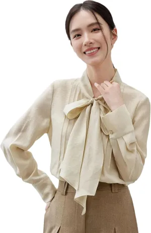 Women Bow Lace Up Collar Blouse Folds Loose Fit Work Business Shirt Office Lady Solid Top